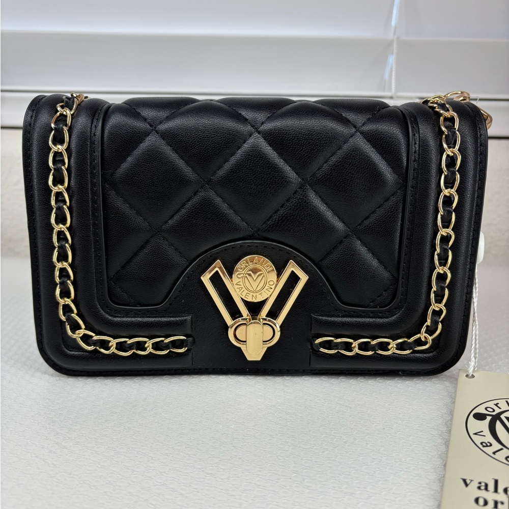 Valentino Orlandi Black Quilted Crossbody Bag with Chain - Designed in Italy.